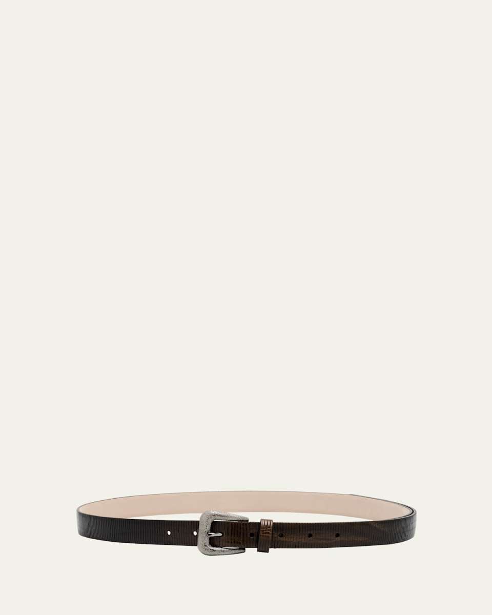 Lizard-Effect Leather Buckle Western Belt